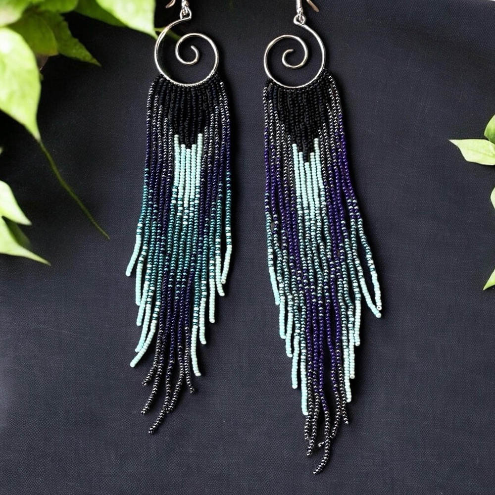 Who’s got the blues? Hand Beaded Chandelier Beaded Earrings Blues Purples - Picture 10 of 17